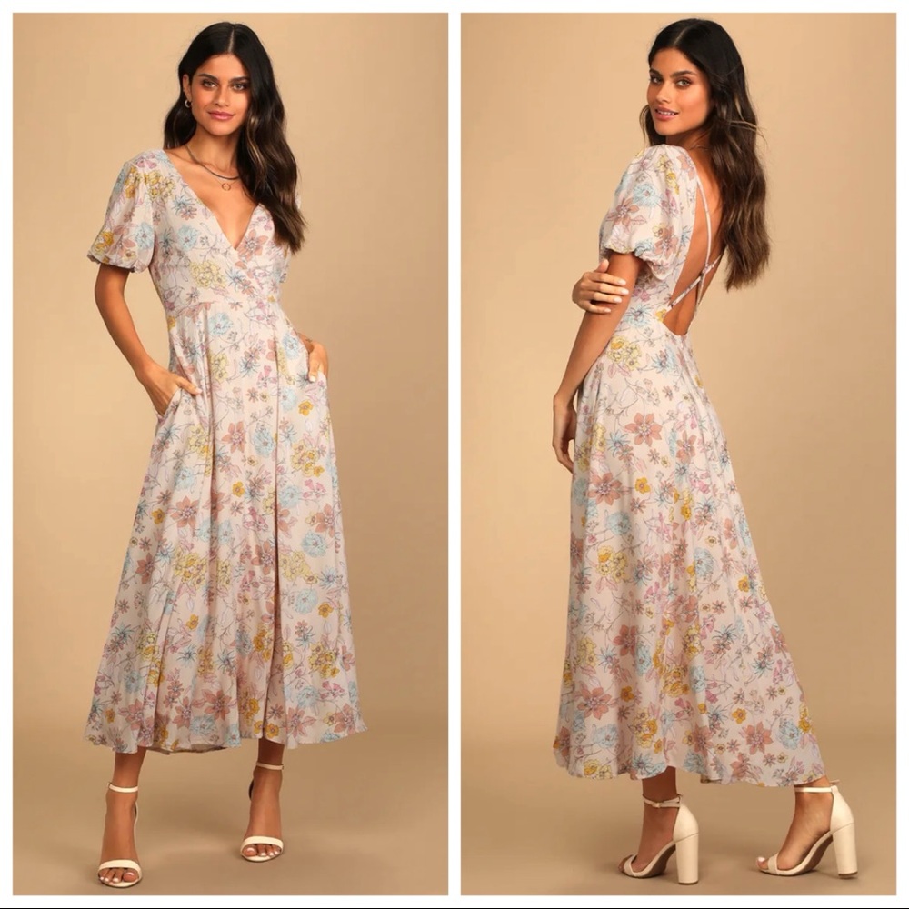 NWOT Lulu’s Flourishing Feelings Pink Floral Print Puff Sleeve Midi Dress